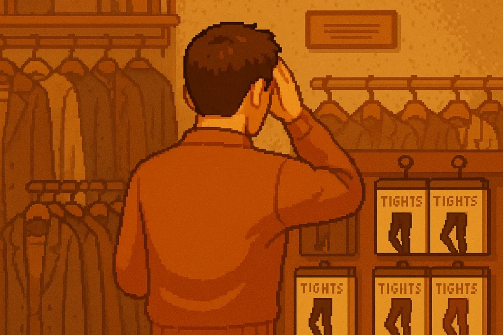 電車のホームで寒がる男性と防寒インナーを着て平気な男性の比較ピクセルアート