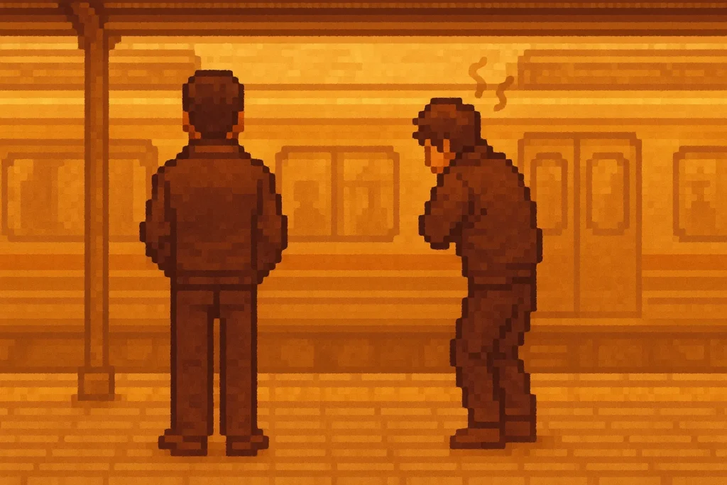 タイツ売り場で商品を選び悩む男性のピクセルアート|防寒タイツの比較場面