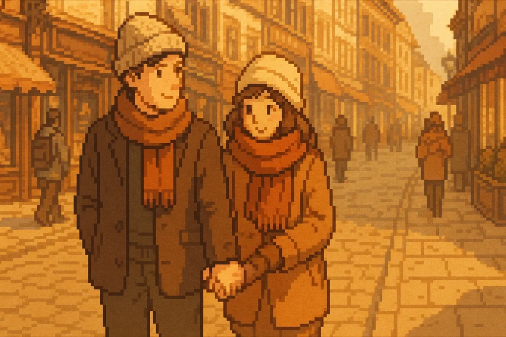 リビングで防寒タイツを手に取る女性のピクセルアート|室内での暖かさイメージ