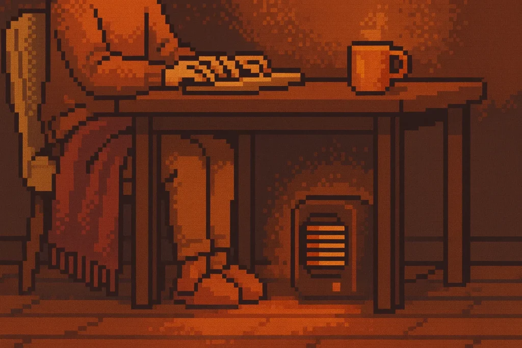 冬のデスク下を温めるヒーターの様子