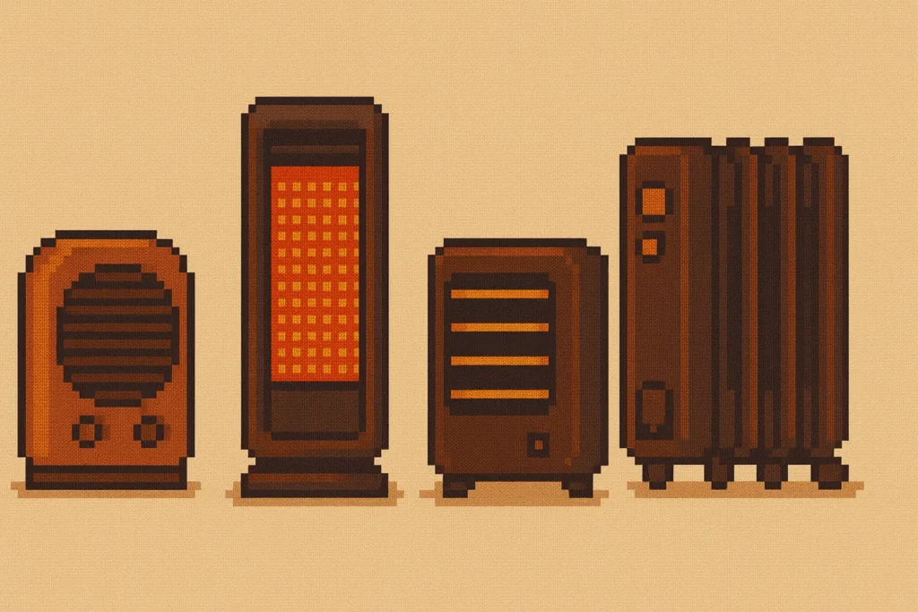 デスクヒーター・ホットマット・電気毛布の3タイプを比較したドット絵イメージ