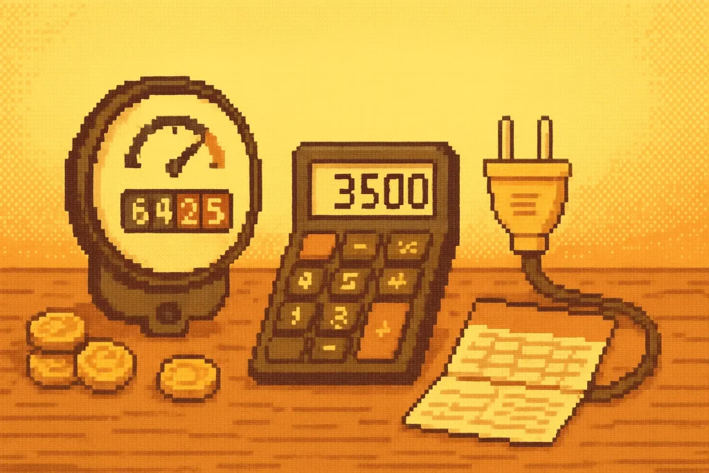 電気代と消費電力を比較するイメージ。電卓と電気メーターが並ぶドット絵