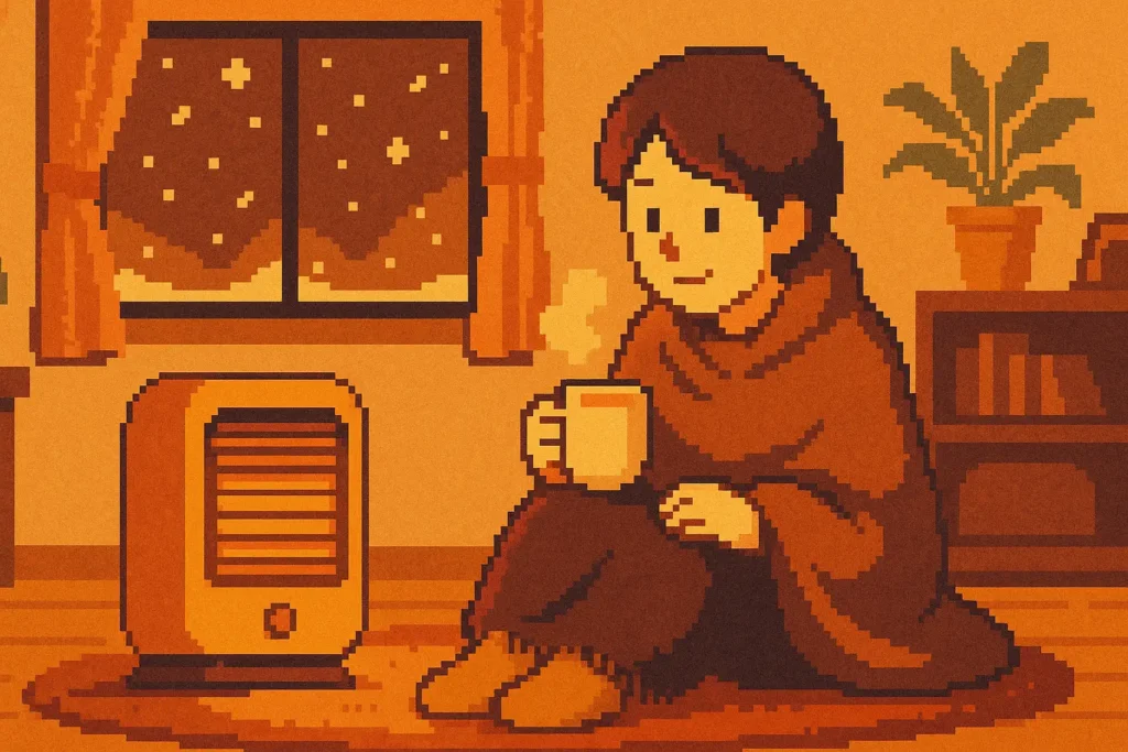 冬のリビングでポータブルヒーターを使い、くつろぐ人のドット絵イラスト