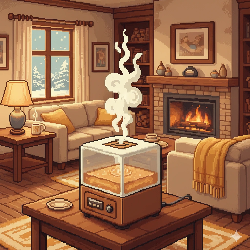 2025年版加湿器5カテゴリ（トレンド・国内安心・コスパ・高機能・実績）をピクセルアートで示した一覧画像