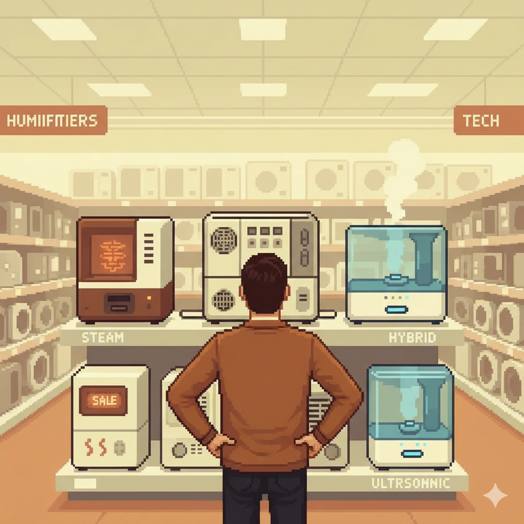 加湿器の選び方を手入れ・電気代・設置場所の3つの視点で示したピクセルアート風アイコン画像