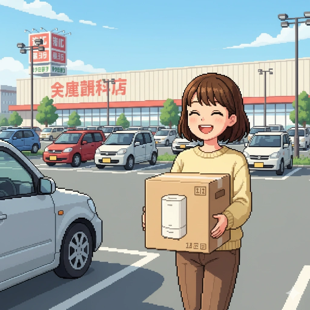 「家電量販店の駐車場で加湿器の箱を持ち、車へ向かって歩く女性を描いたピクセルアート画像