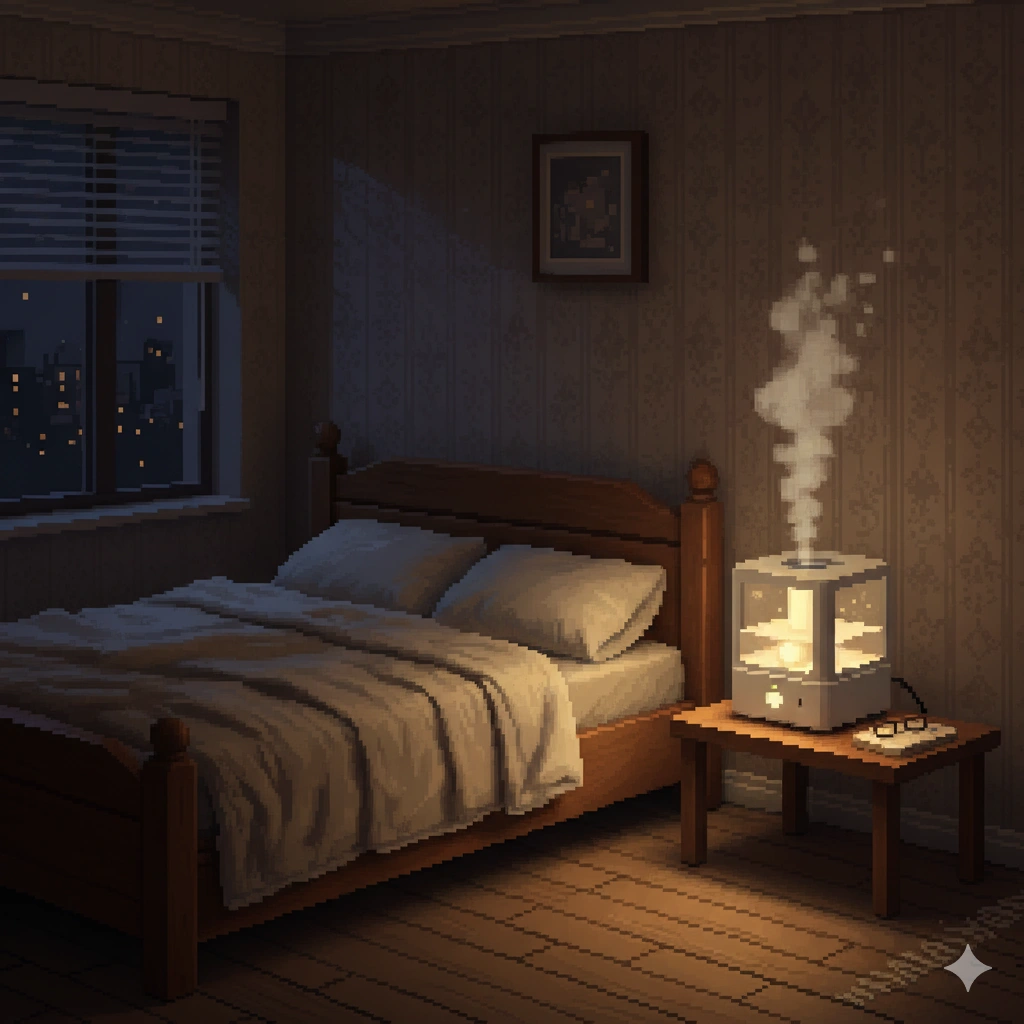 寝室のベッドサイドに置かれたスチーム式加湿器が暗い室内でほのかに光りながら蒸気を出しているピクセルアート画像
