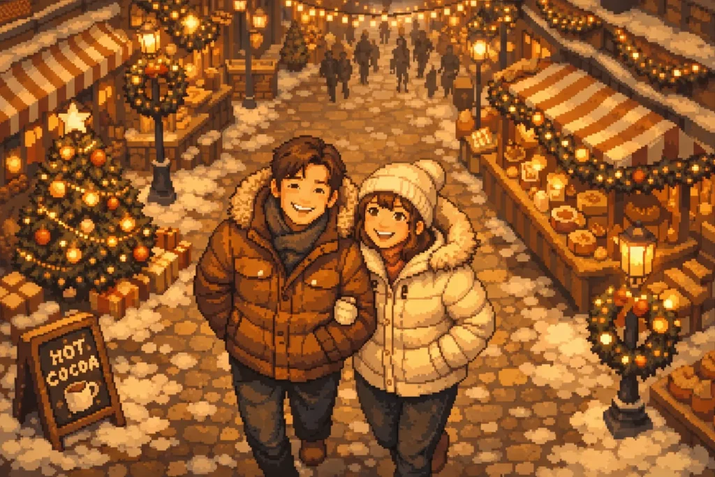 クリスマスの街並みを防寒ジャケット姿で歩く夫婦のピクセルアート