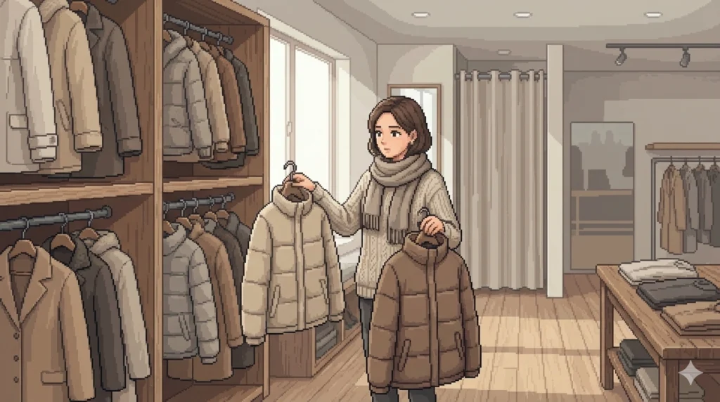 アパレルショップで防寒ジャケットを選ぶ女性のピクセルアート
