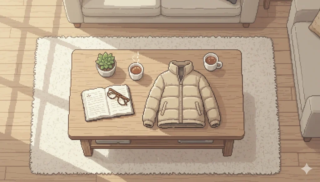 リビングのテーブルに置かれた防寒ダウンジャケットのピクセルアート
