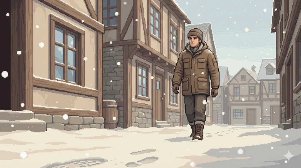 雪が降る住宅街を防寒ジャケットで歩く男性のピクセルアート