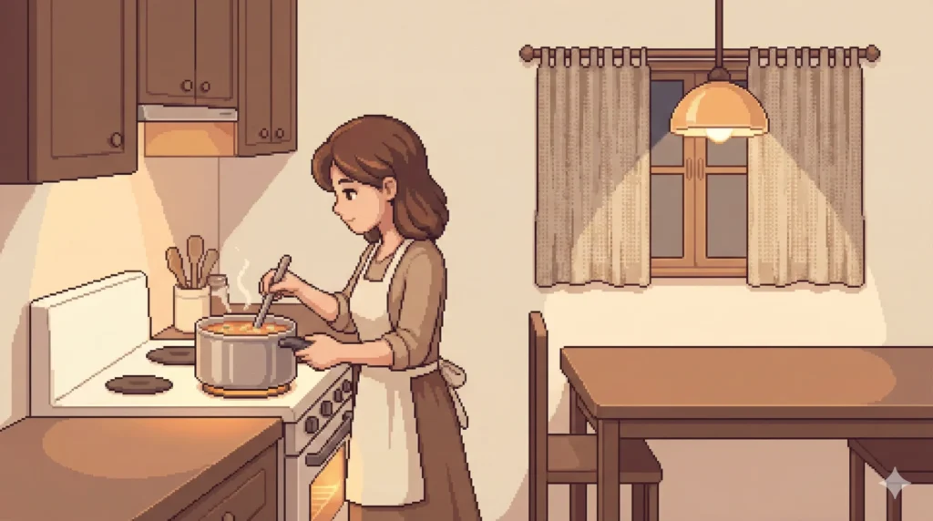 温かい料理を作る主婦のキッチンシーン