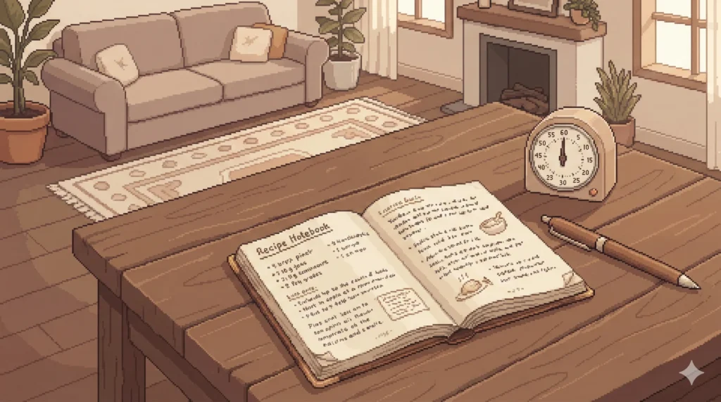 リビングで温活レシピを確認する日常シーン