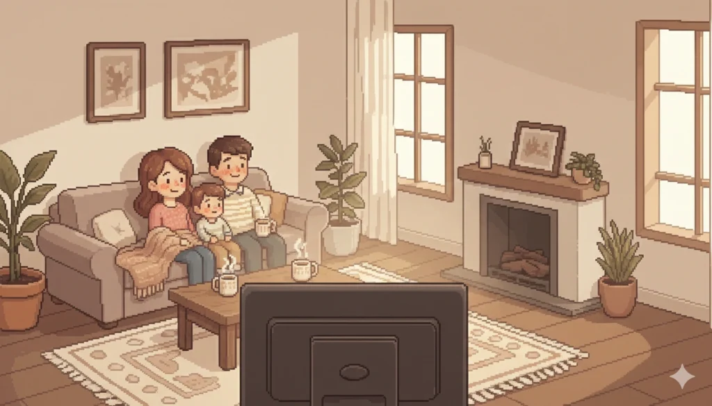 家族が暖かいリビングでくつろぐ冬の室内風景