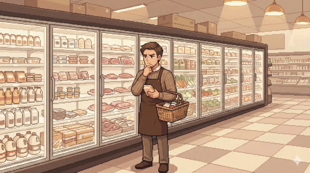 食材選びに迷う男性の買い物シーン