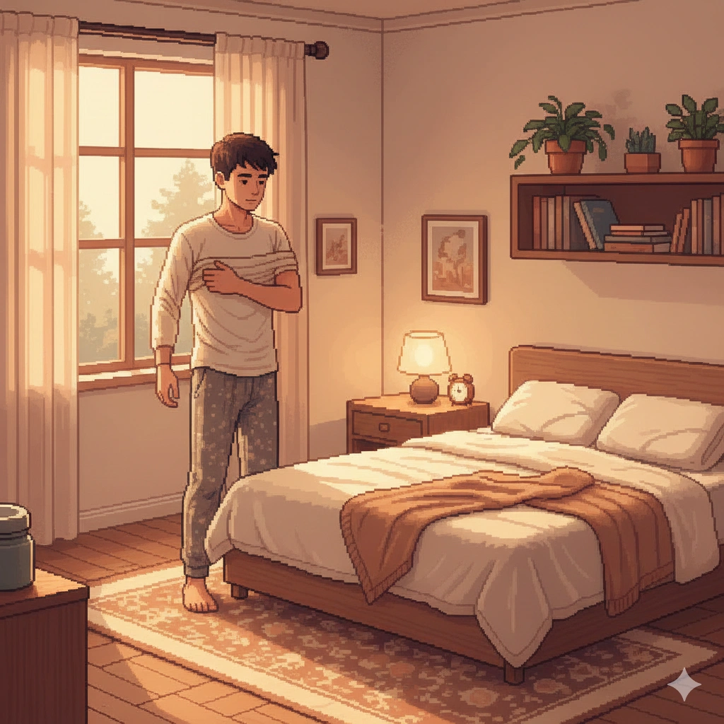 「リビングで白とグレーのインナーシャツを手に取り比較している男性のイラスト