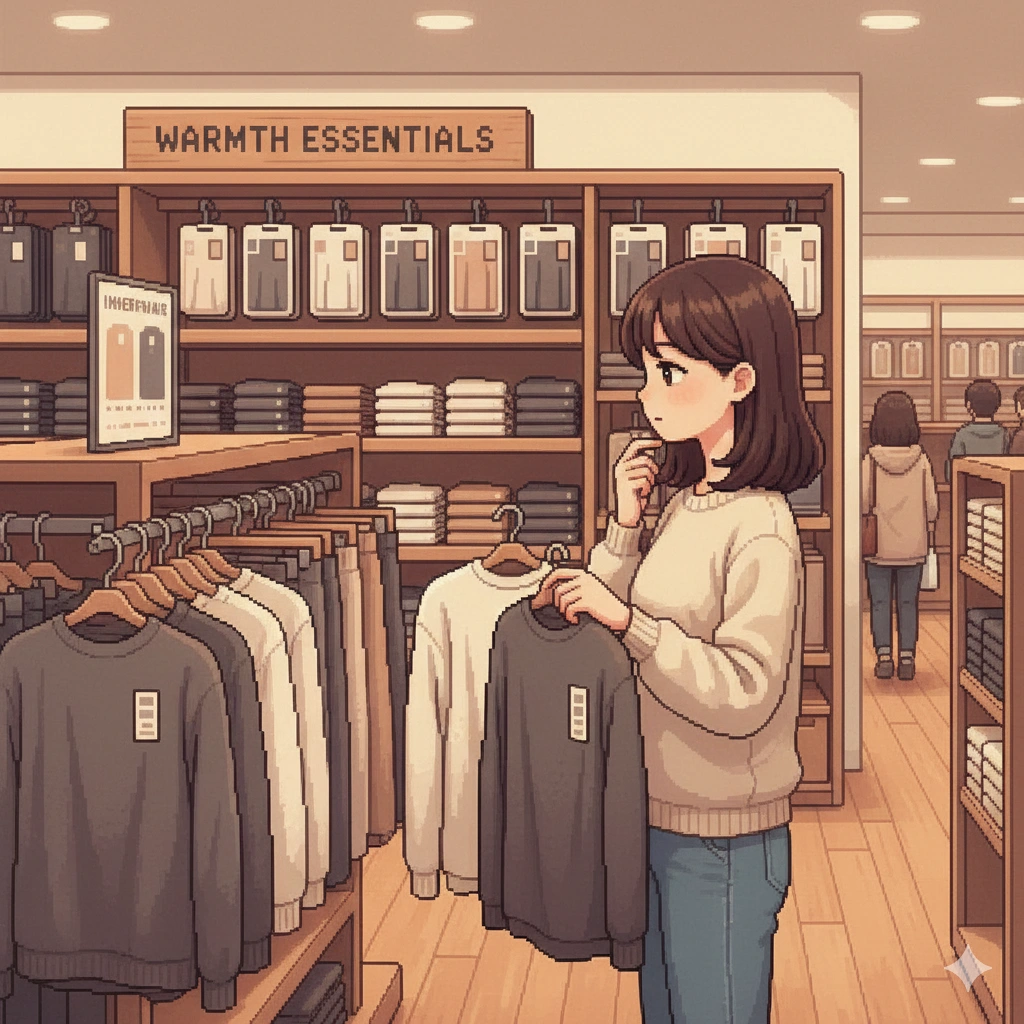 アパレル店の売り場でインナーを選んでいる女性のイラスト