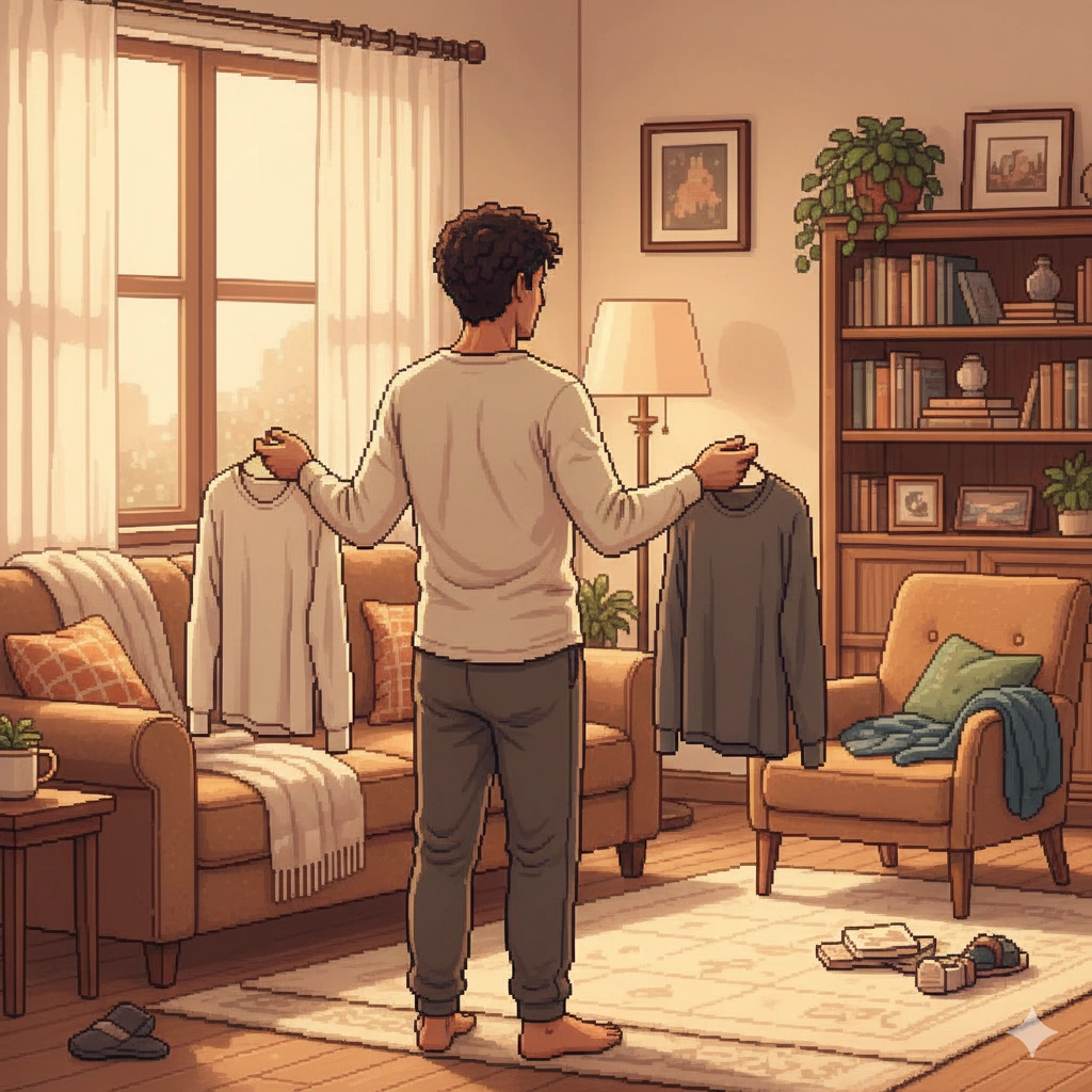 リビングで白とグレーのインナーシャツを手に取り比較している男性のイラスト