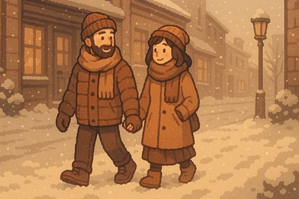 雪が積もった町を温かい服装で歩く夫婦のイラスト