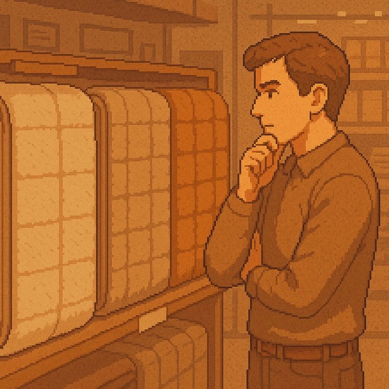 防寒敷きパッド売り場で商品選びに悩む男性