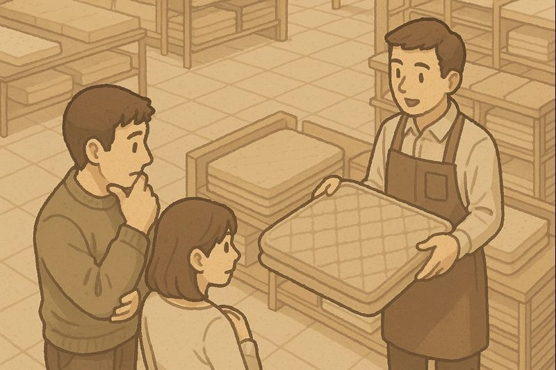 防寒敷きパッドについて店員の説明を聞く夫婦
