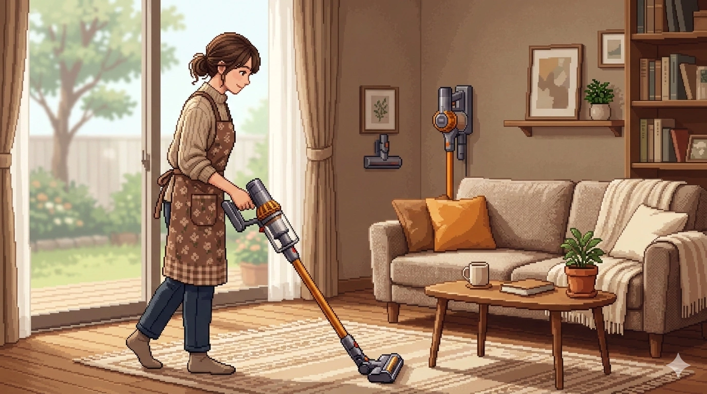 リビングで掃除する女性