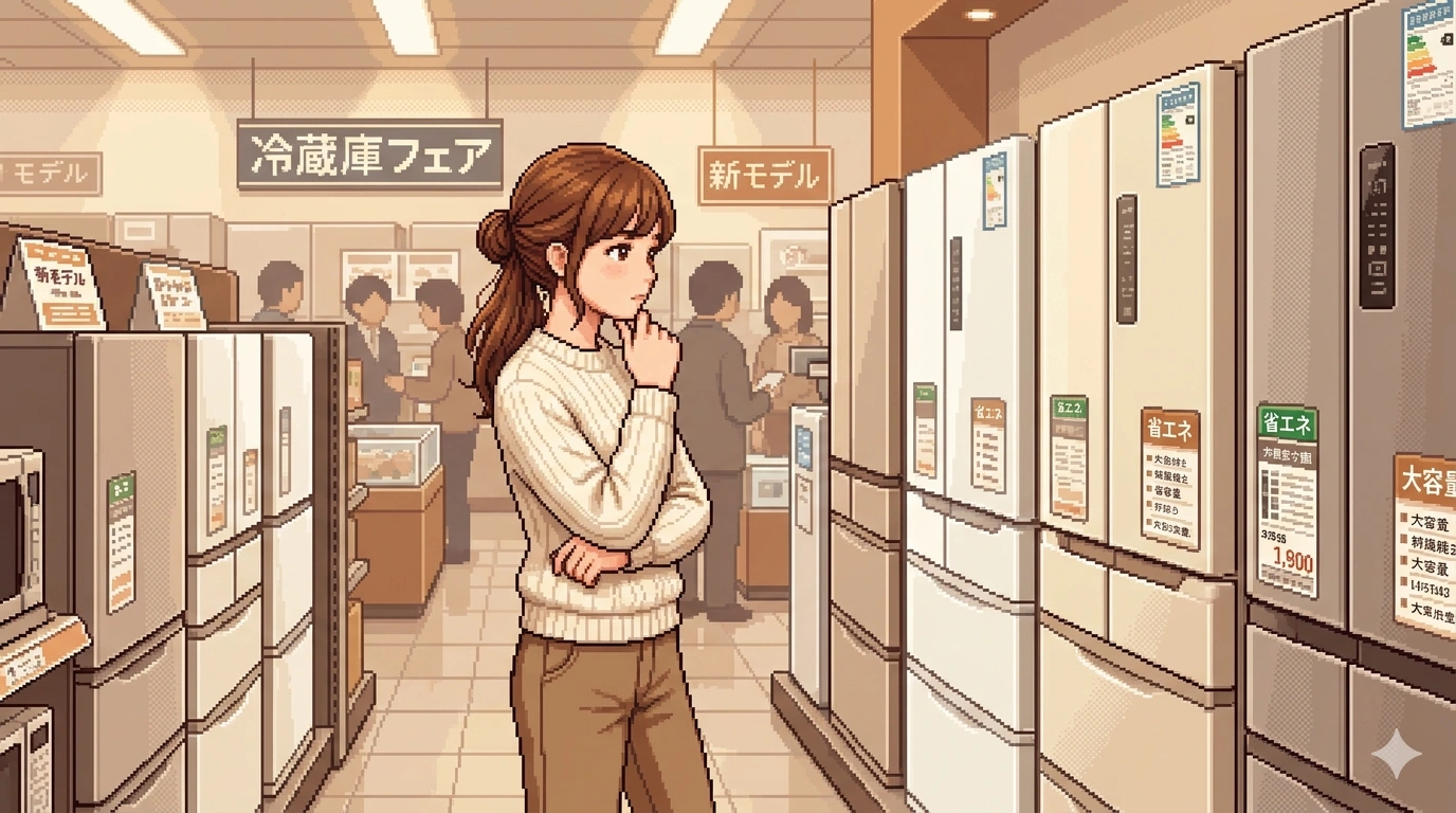 冷蔵庫を悩む女性