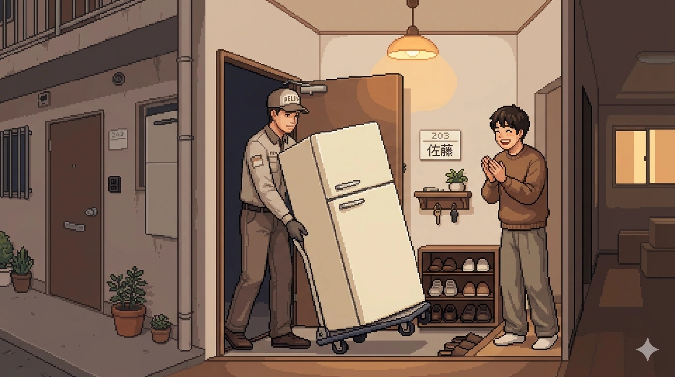 新しい冷蔵庫が配達されて喜んでいる男性