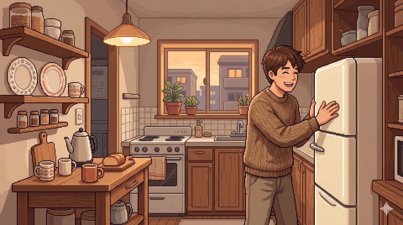 新しい冷蔵庫を喜んでいる男性