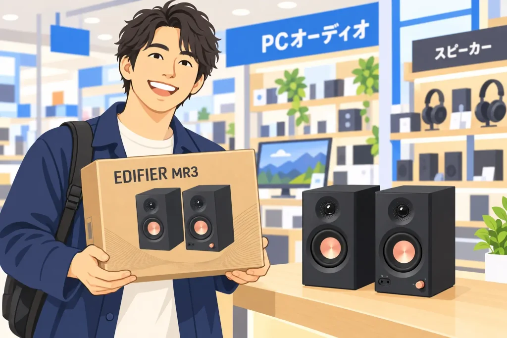 家電量販店でスピーカーを購入した男性が喜んでいる